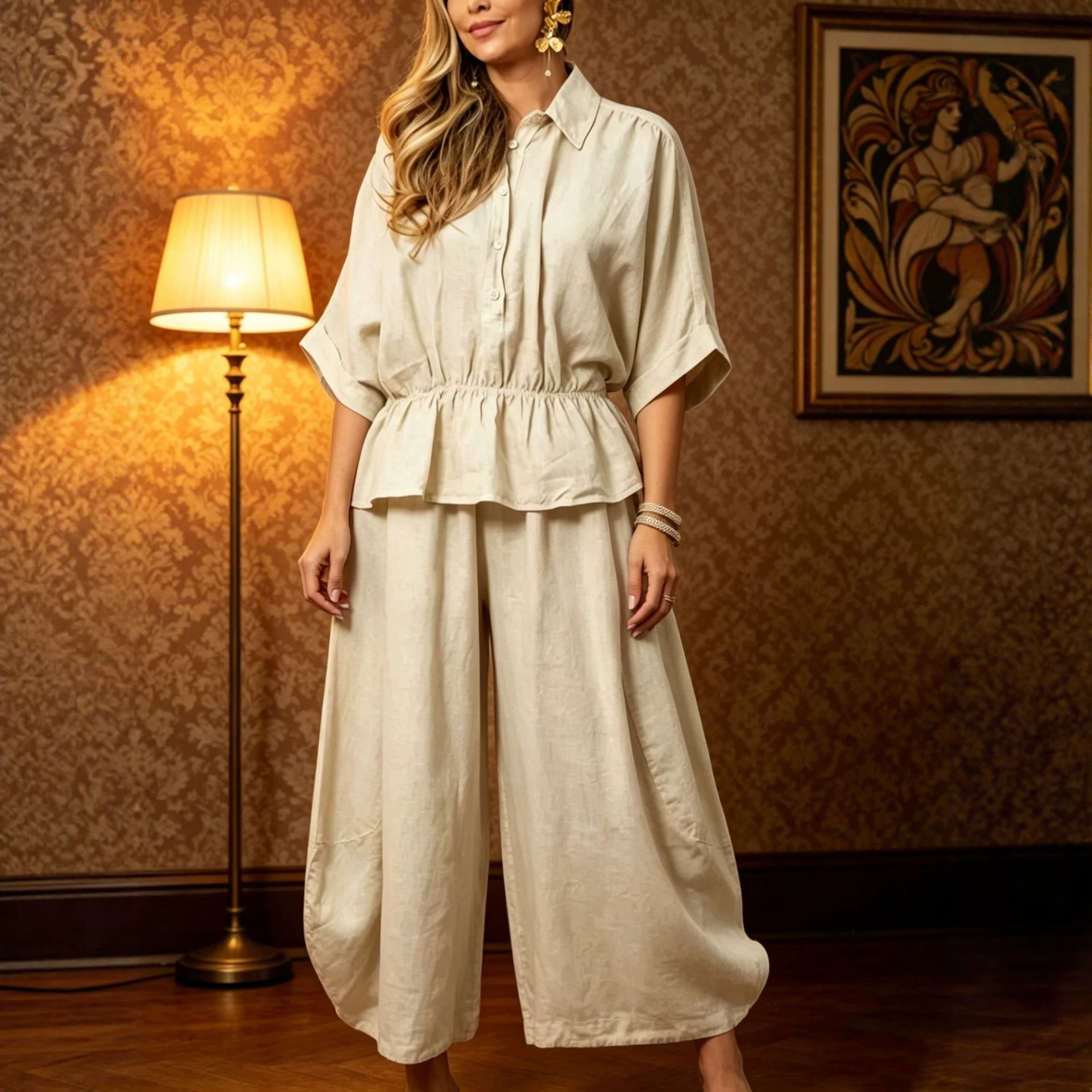 Women's Plus Size Belted Shirt & Wide-Leg Pants Two-Piece Set