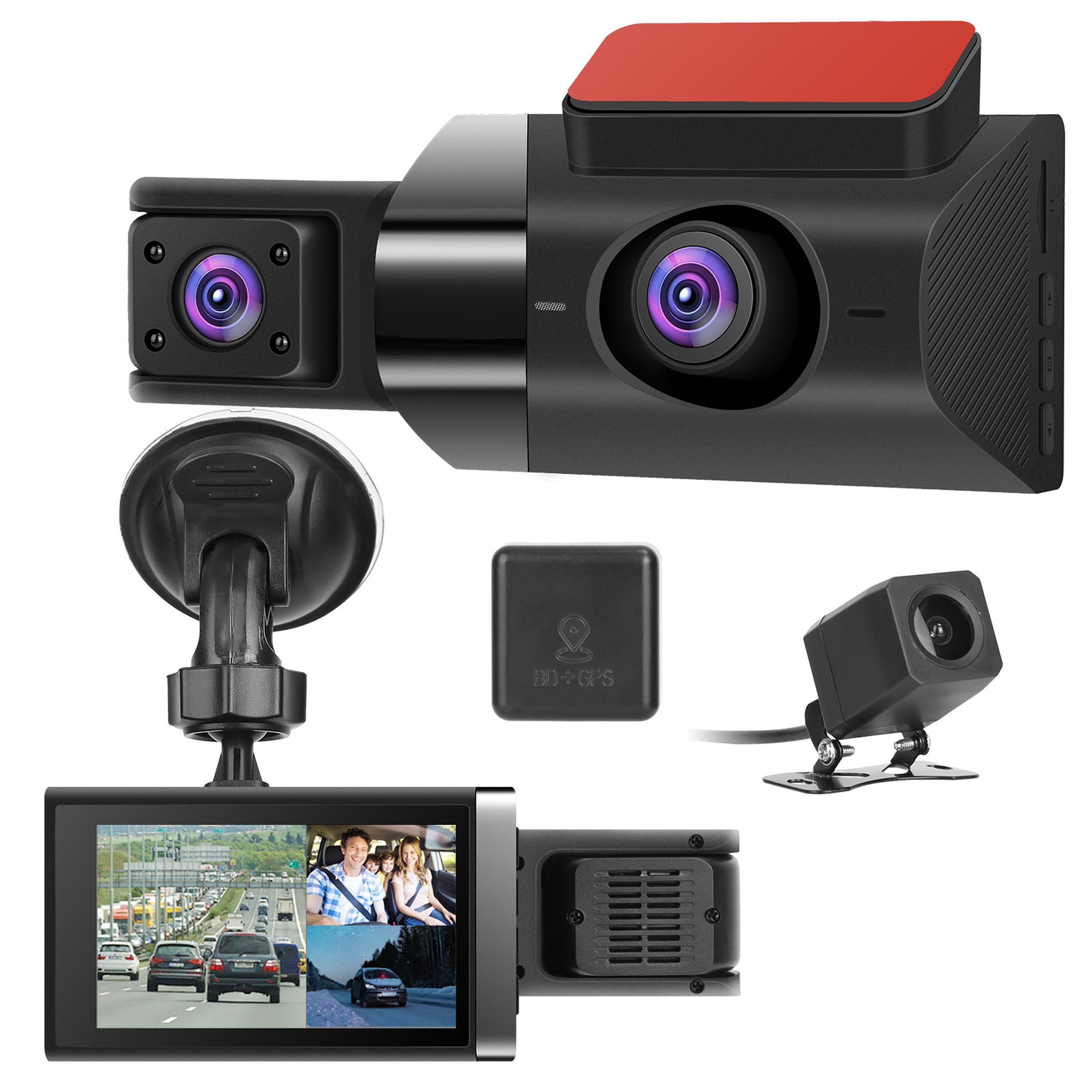 2K Car DVR 3 Channel Dash Cam Camcorder Camera Recorder with 140� Angle GPS WiFi Night Vision G-sensor Loop Recording Parking Monitor