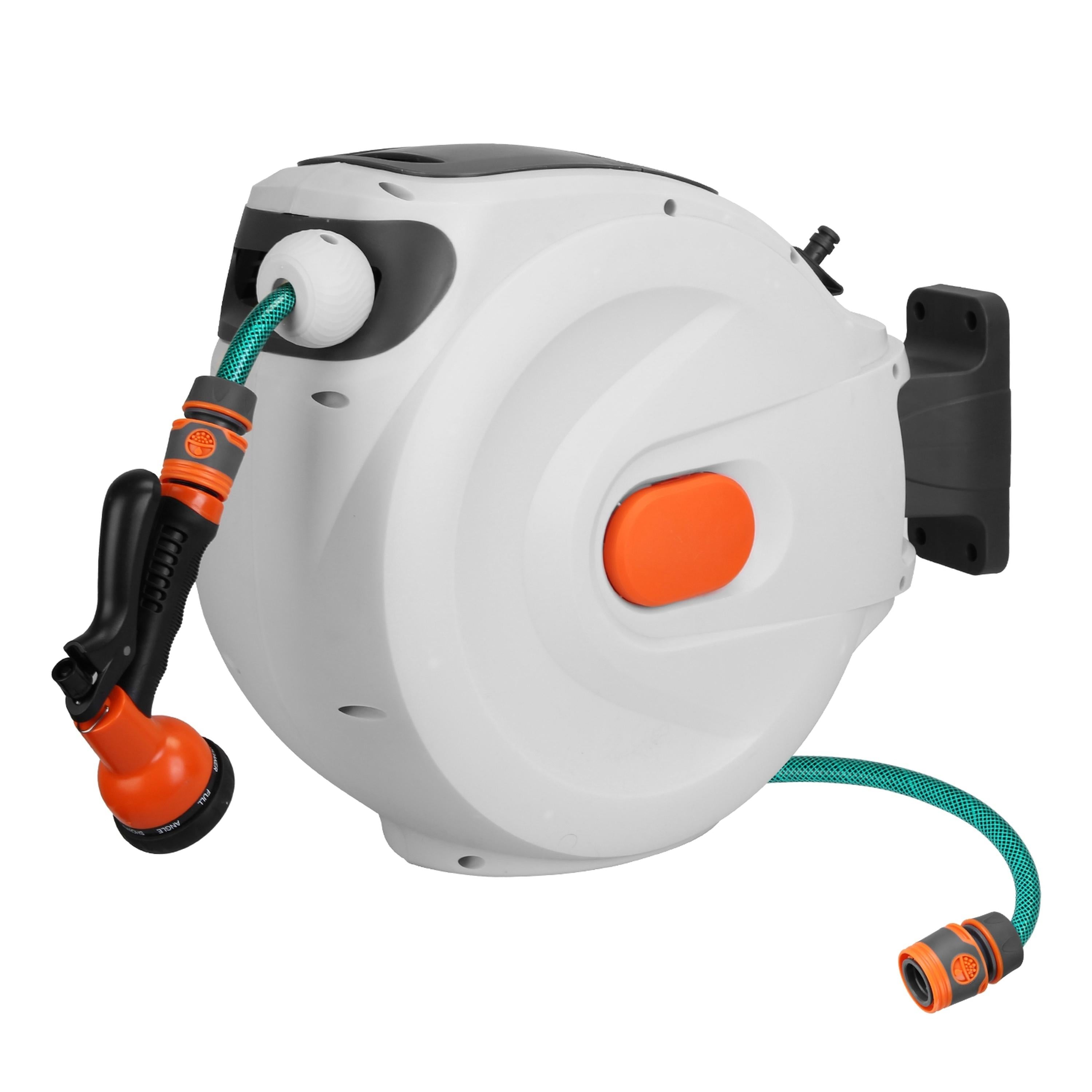 Retractable Garden Hose Reel Wall Mounted Automatic Water Hose Reel with Any Length Lock 8 Pattern Spraying Modes 180� Swivel Bracket