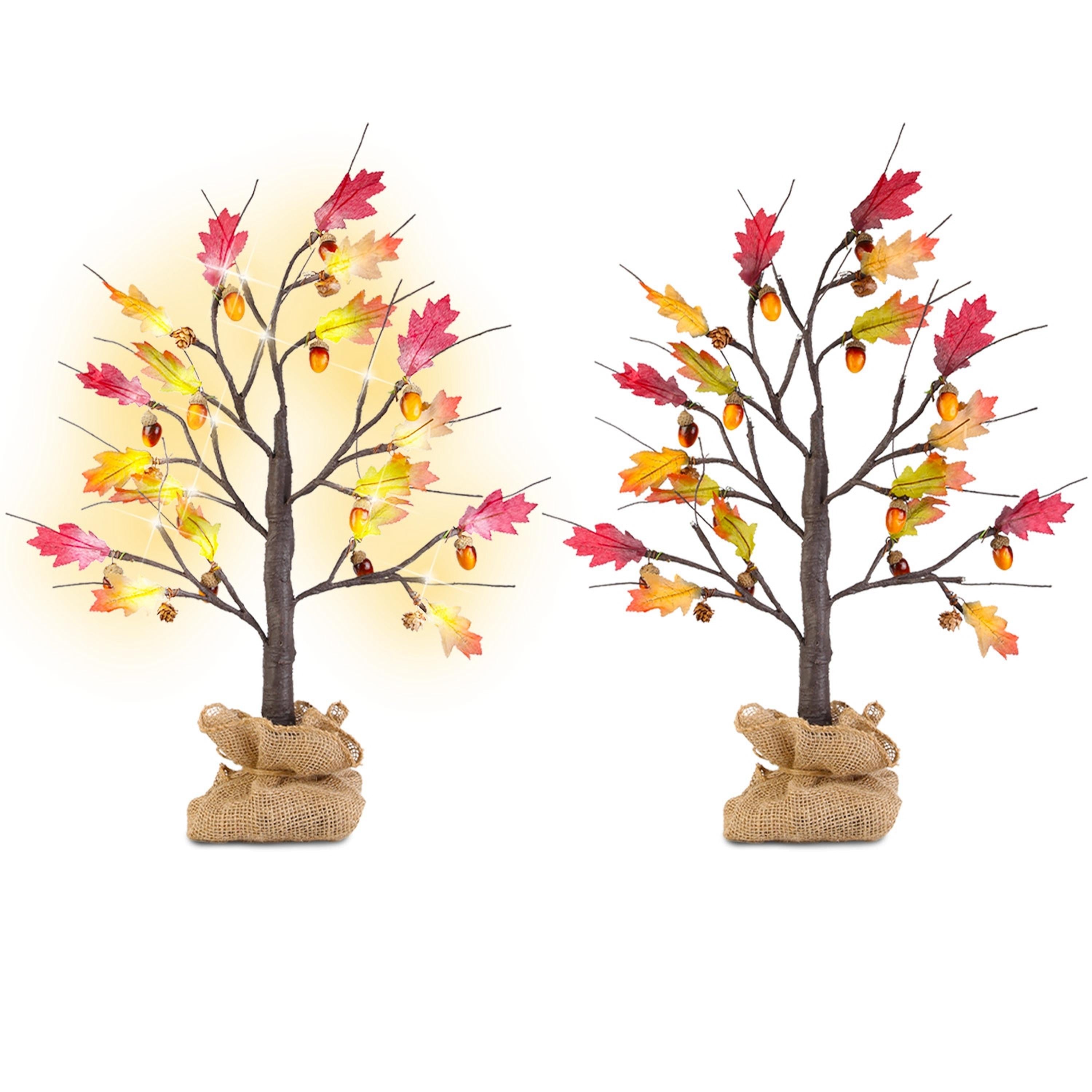 2Pcs 2FT Artificial Lighted Maple Tree, 24Pcs LED Beads, Battery Powered for Fall Decor