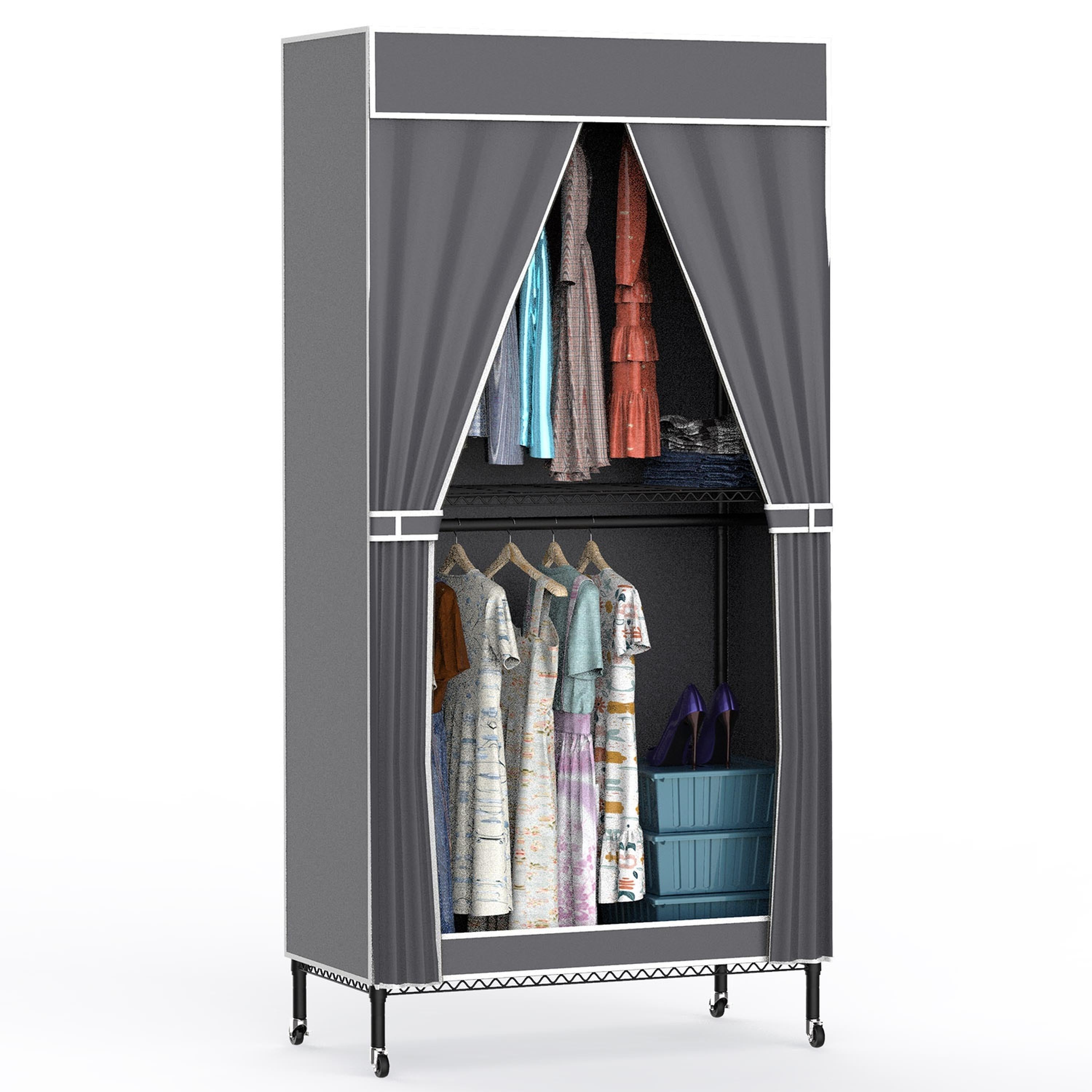 2-Tier Portable Wardrobe, Garment Rack with Wheels, Cover, 35.43x17.13x72.44in
