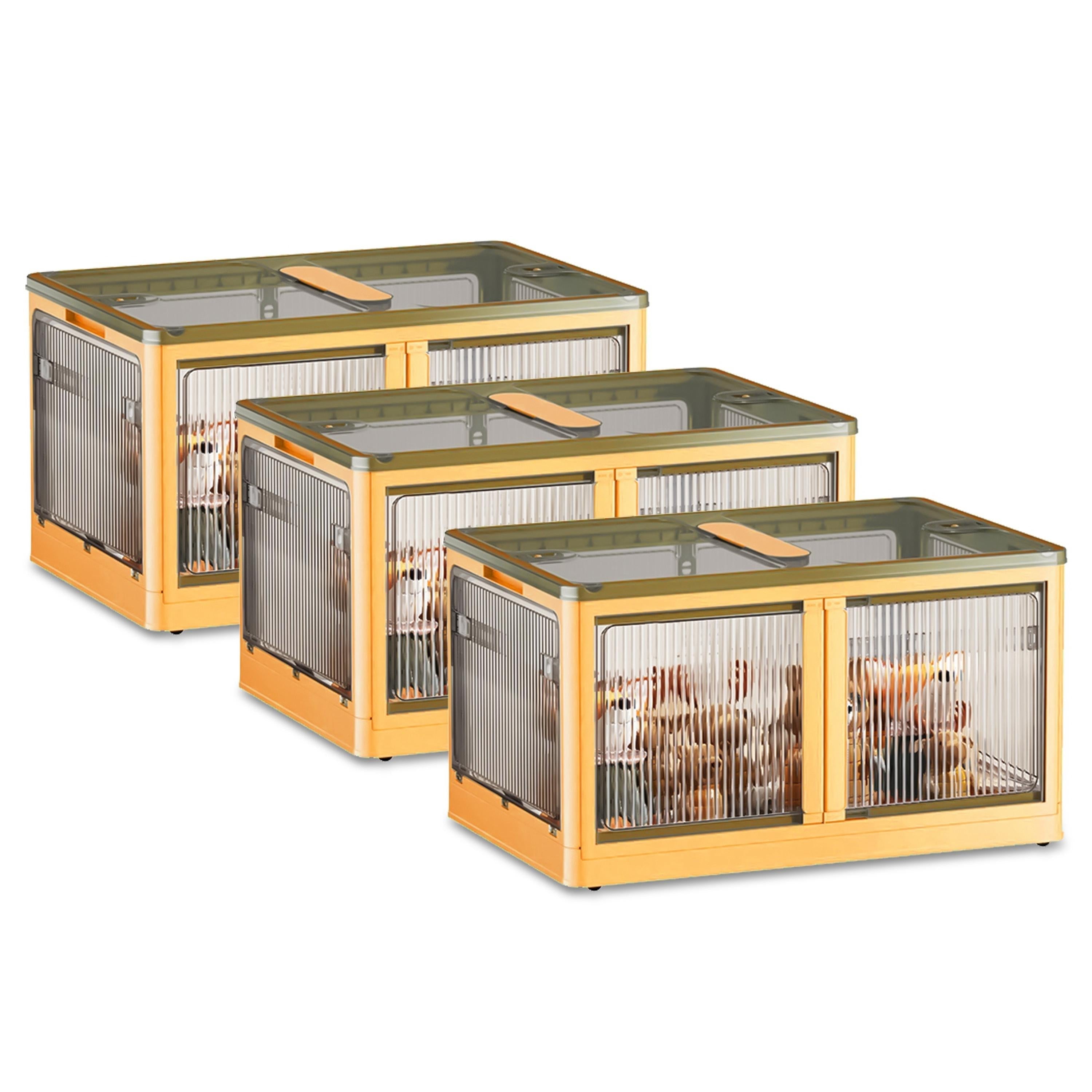 3Pcs Foldable Storage Bins with Lid 4 Doors Collapsible Stackable Closet Organizer Containers with Lock 4Pcs Wheels