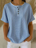Women's Cotton Linen Striped T-Shirt – V-Neck, Button Detail, Loose Fit